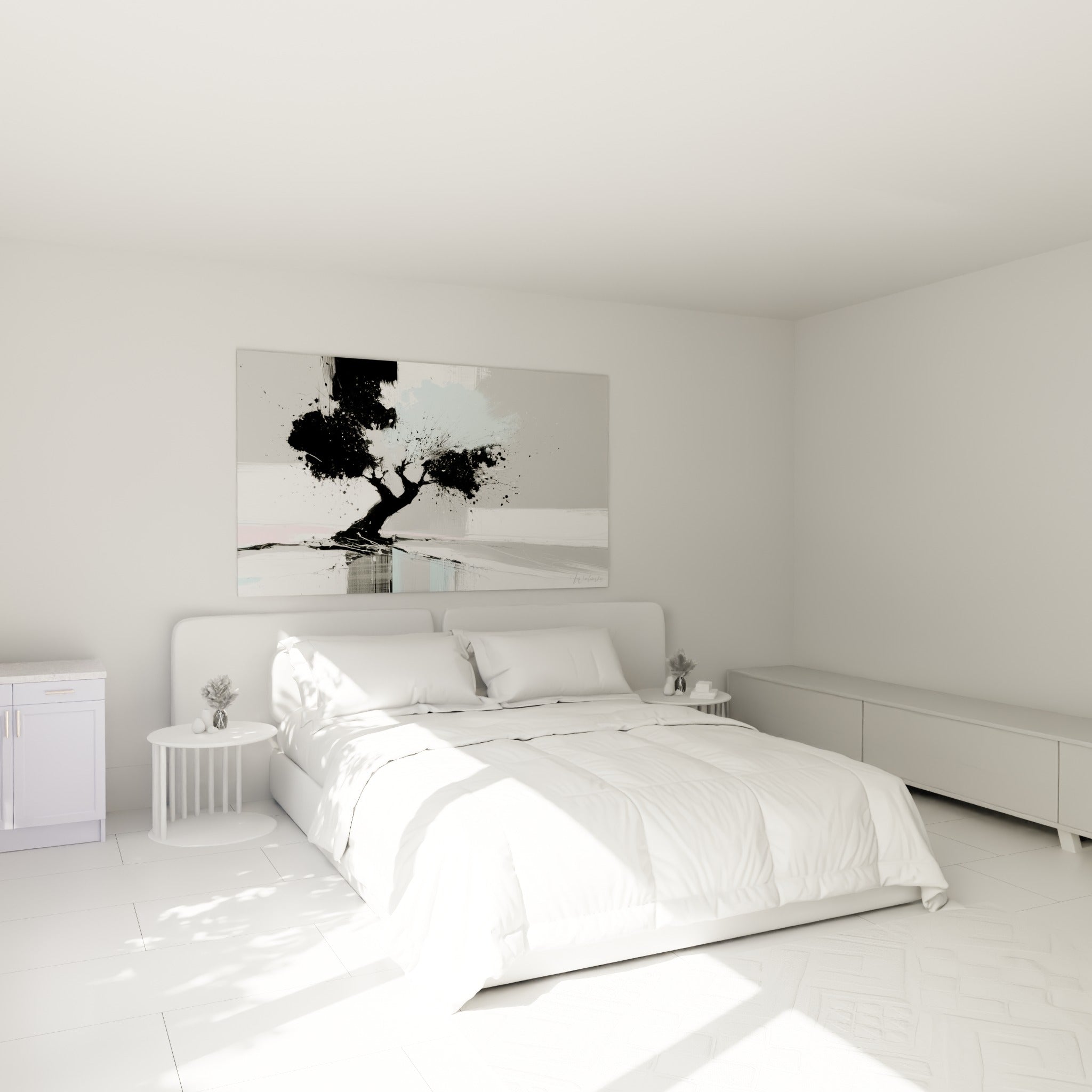Silhouette d'olivier noir et bleu pastel accrochée au-dessus d'un lit dans une chambre claire