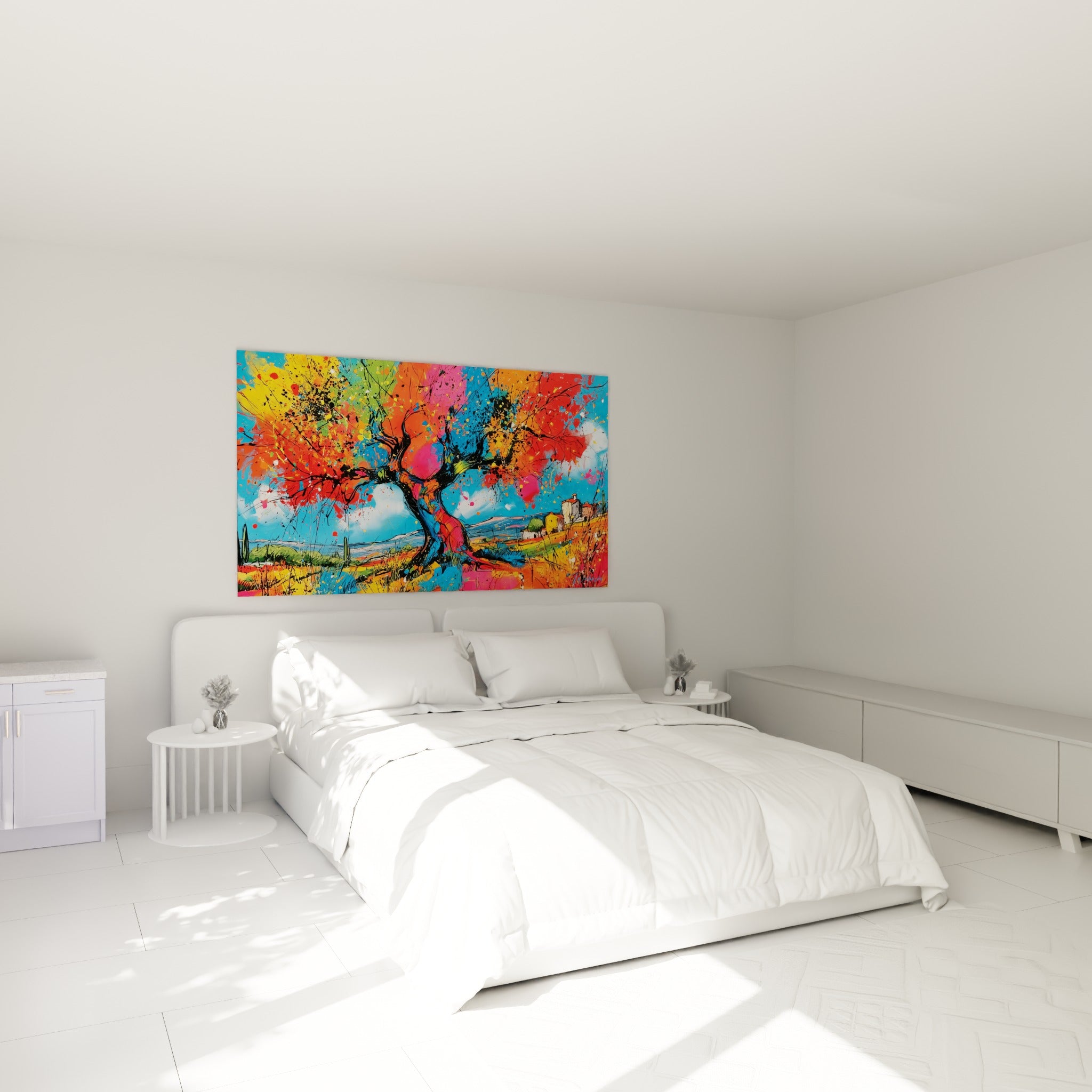 Arbre provençal aux couleurs éclatées, rouge et bleu, accroché au-dessus d'un lit dans une chambre claire