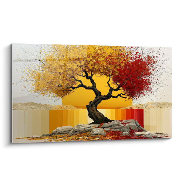 Tableau Arbre noueux doré et rouge sur rocher - Bascule automnale - Edition Olivier