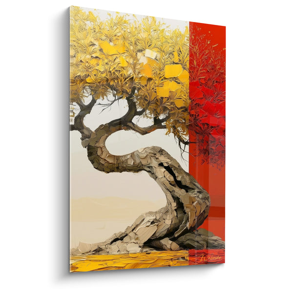 Tableau Olivier au tronc en S doré et rouge - Bande écarlate verticale - Edition Olivier