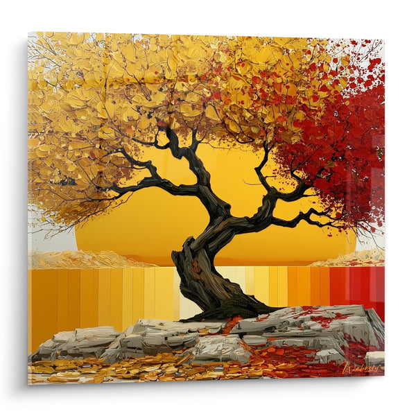 Gemaltes Olivenbild, golden und rot auf Fels – Herbstglut – Edition Olivier