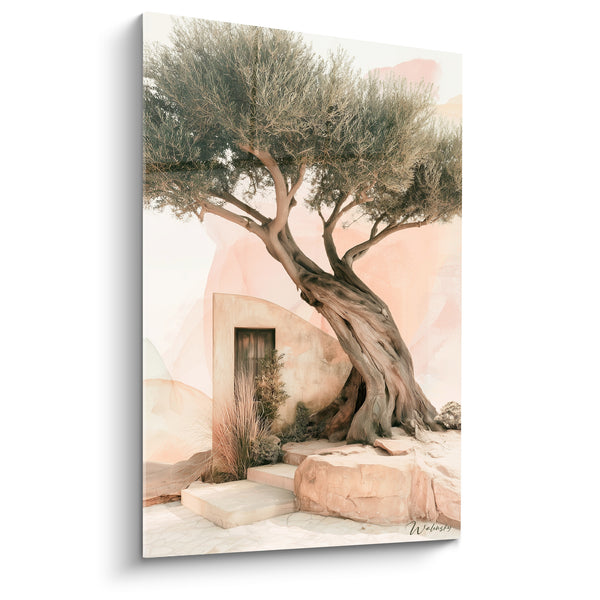 Tableau Olivier brun et rose devant une porte de pierre - Marches et façade sablée - Edition Olivier