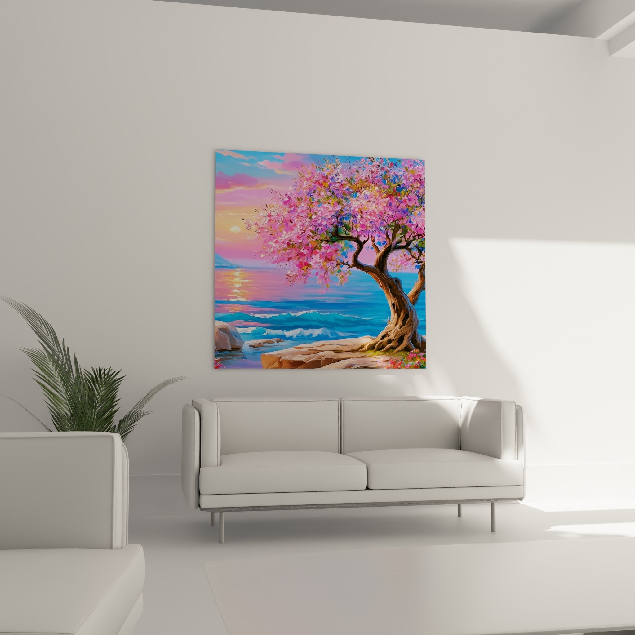Tronc noueux brun et floraison rose de l'olivier au-dessus d'un canapé dans un salon lumineux