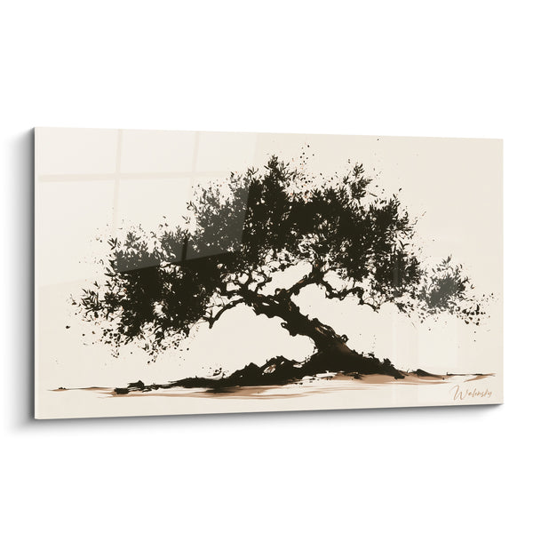 Tableau Olivier noir et beige au feuillage éclaté - Encre minimaliste - Edition Olivier
