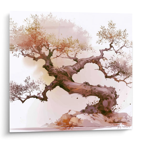 Tableau Olivier au tronc brun horizontal et feuillage rosé sur rocher - Brume évanescente - Edition Olivier
