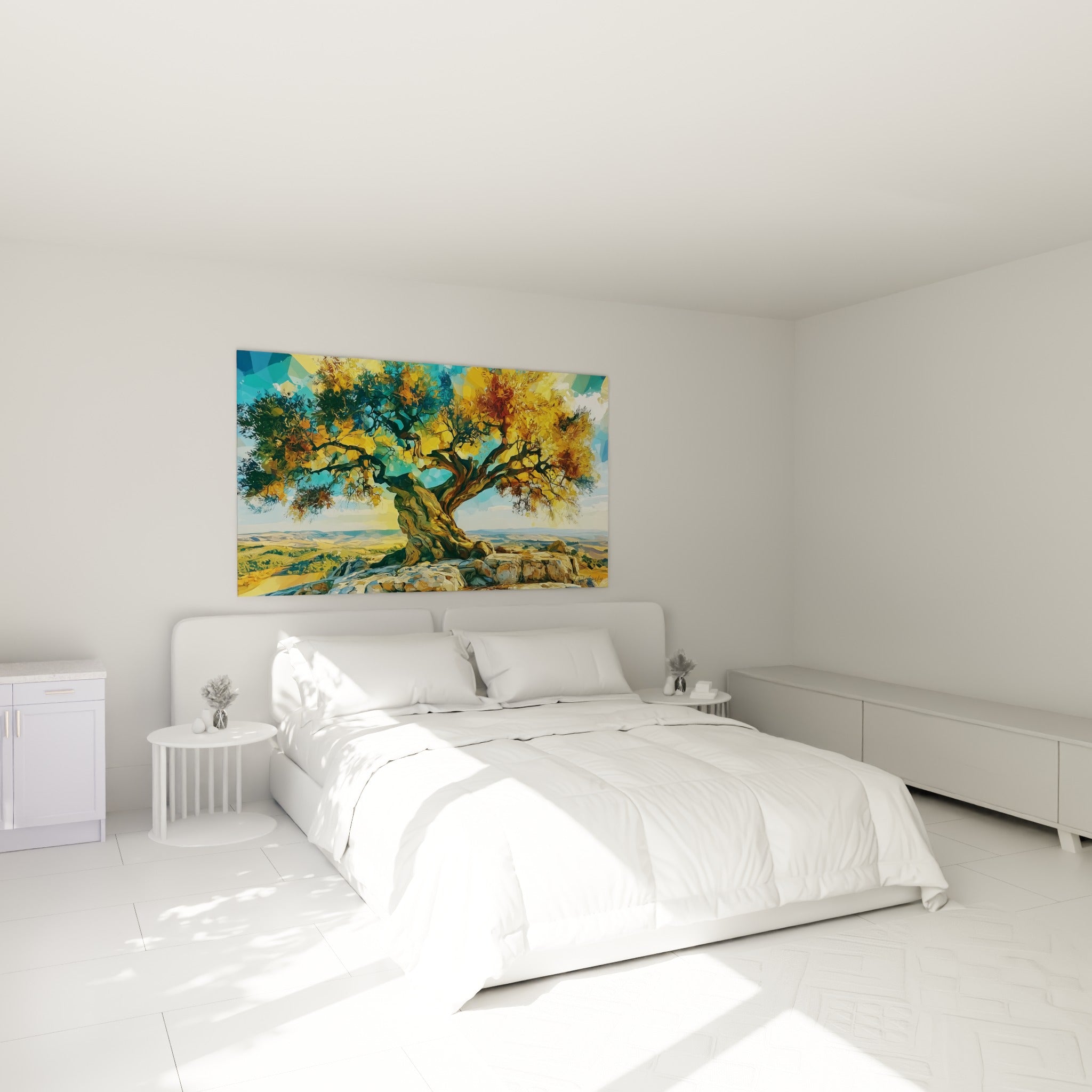 Arbre méditerranéen aux branches torsadées et tons ocre, accroché au-dessus d'un lit dans une chambre claire