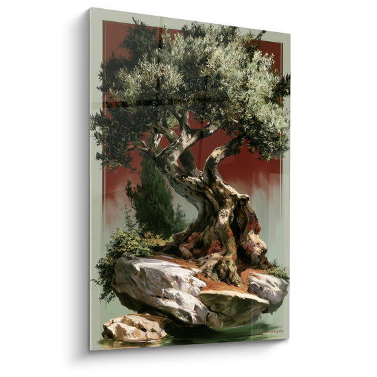 Tableau Olivier gris et rouge sur rocher massif - Cyprès en arrière-plan - Edition Olivier