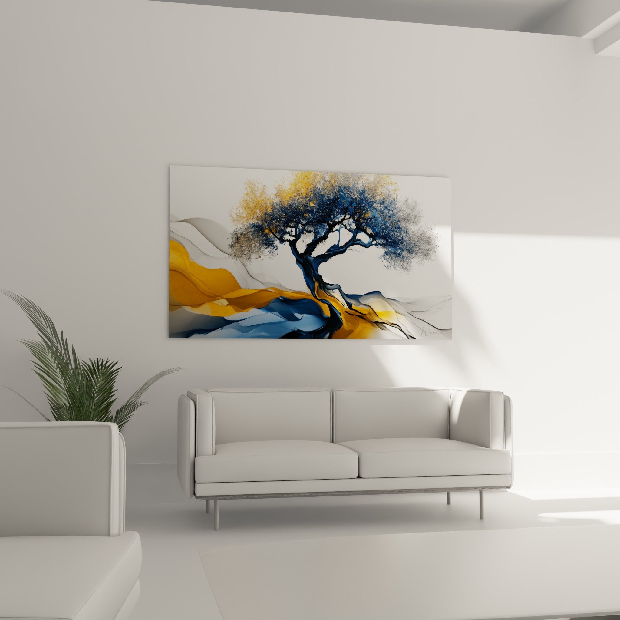 Silhouette d'olivier bleu marine et ocre aux courbes marbrées, au-dessus d'un canapé dans un salon lumineux