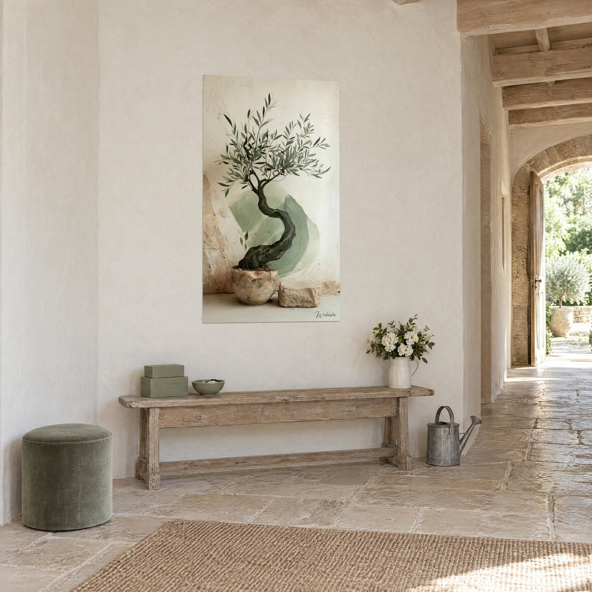 Wall art Mediterranean tree in a stone pot, gnarled trunk in sage and cream beige, hung near a stone archway, country house