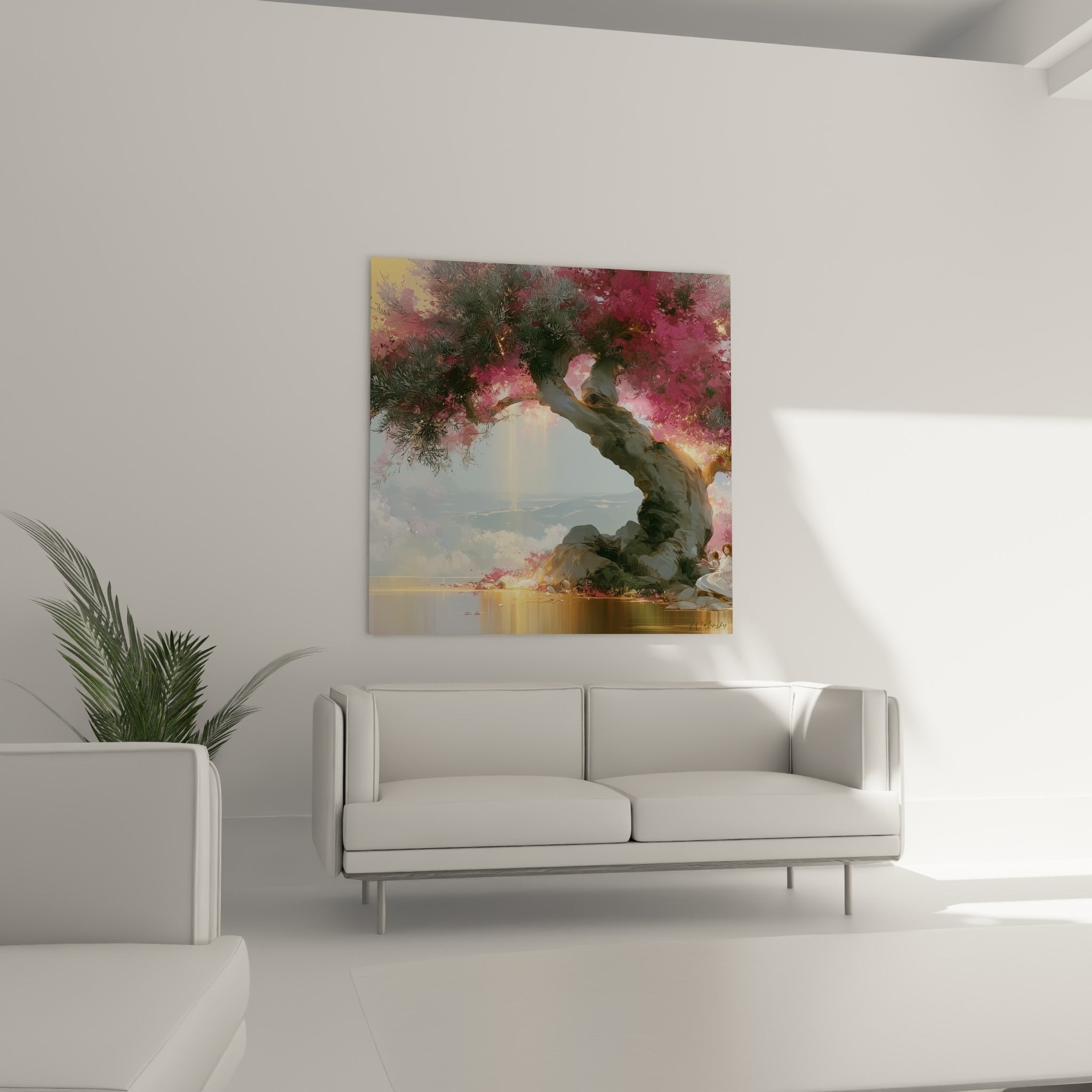 Branches roses et troncs anthracite d'un olivier lumineux, accrochés au-dessus d'un canapé dans un salon lumineux