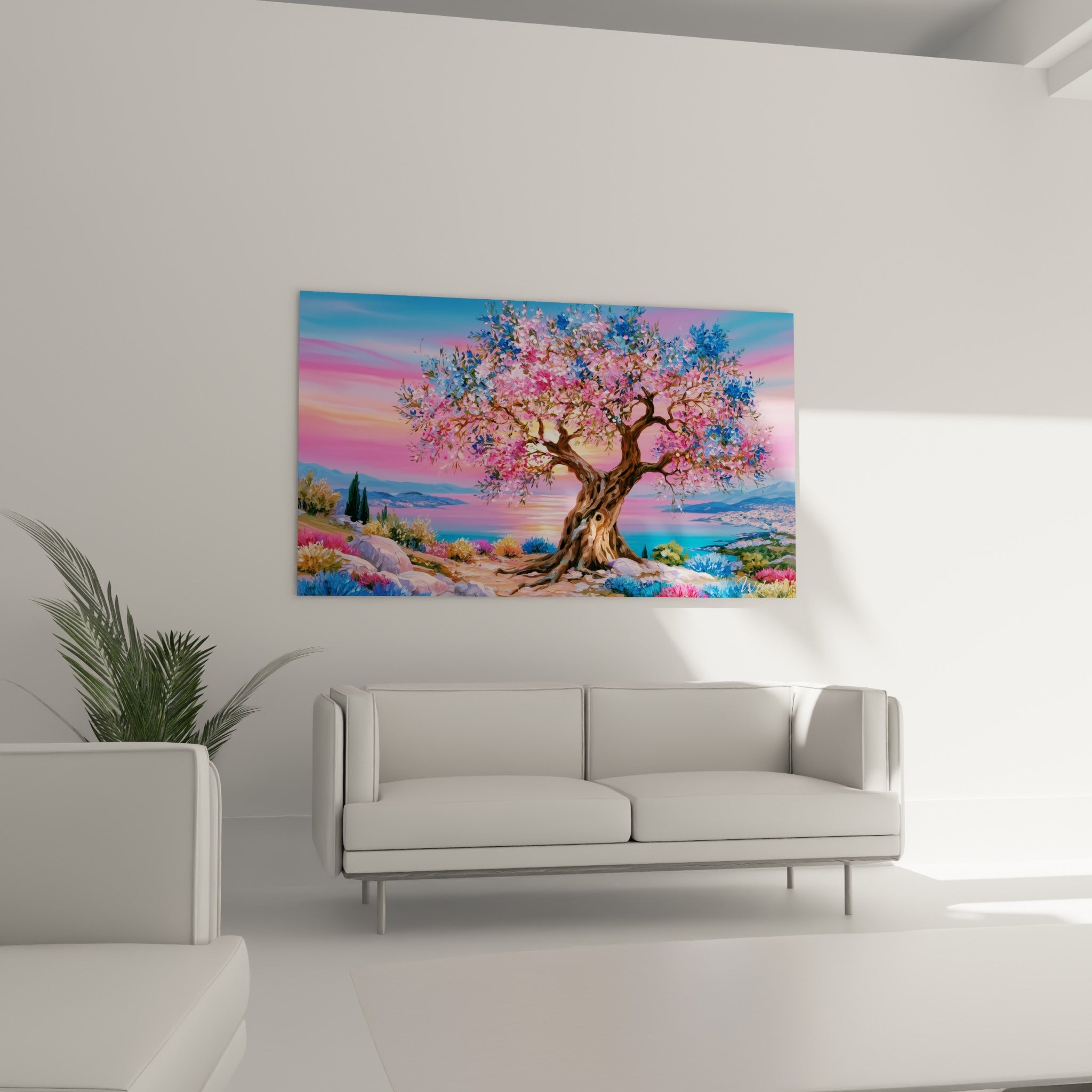 Tronc brun texturé et feuillage rose vif de l'olivier face au coucher de soleil, au-dessus d'un canapé dans un salon lumineux