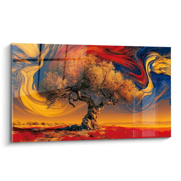 Tableau Olivier doré aux tourbillons bleu et rouge - Tempête figée - Edition Olivier