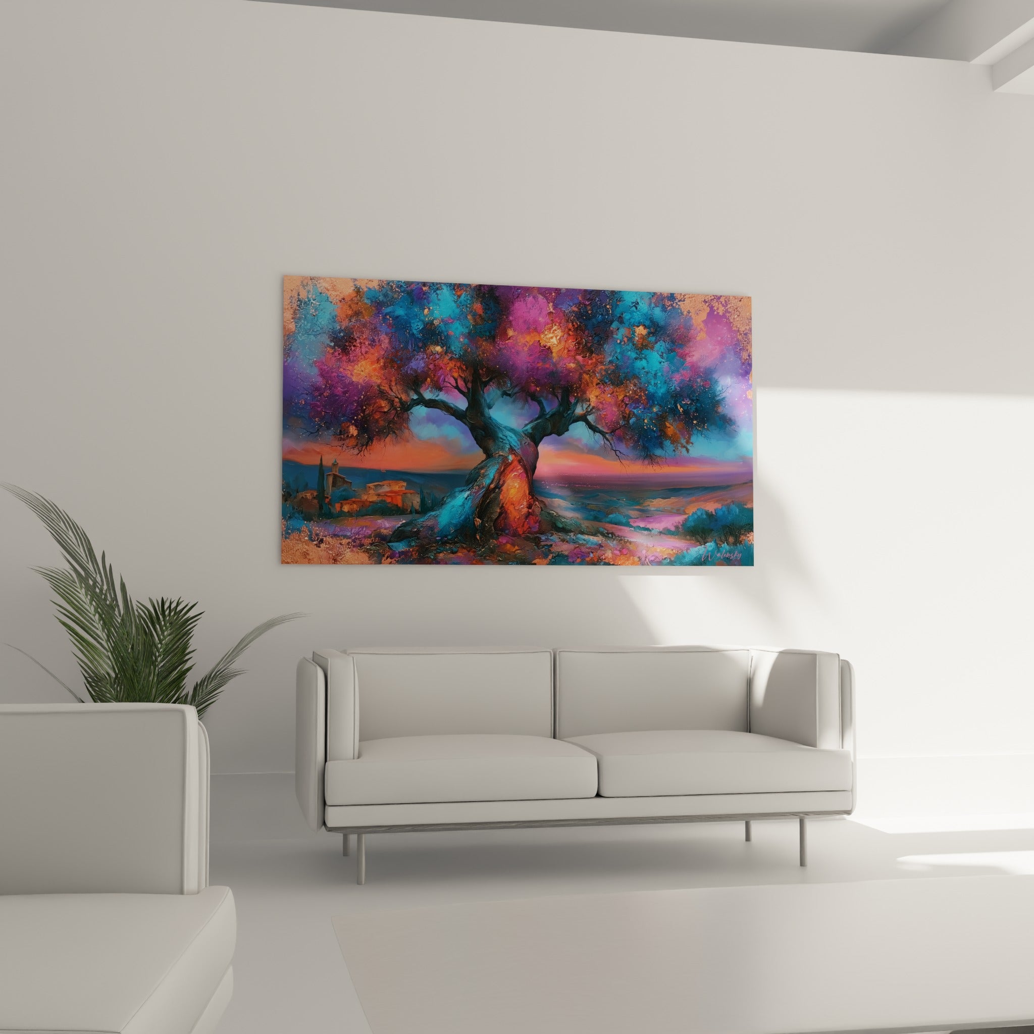Tronc noueux orangé et bleu de l'olivier accroché au-dessus d'un canapé dans un salon lumineux
