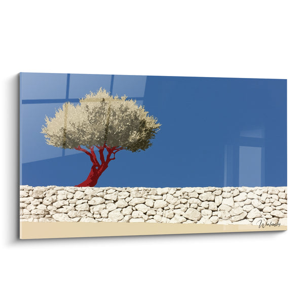 Tableau Olivier au tronc rouge sur mur de pierres blanches - Muret en pierre sèche - Edition Olivier