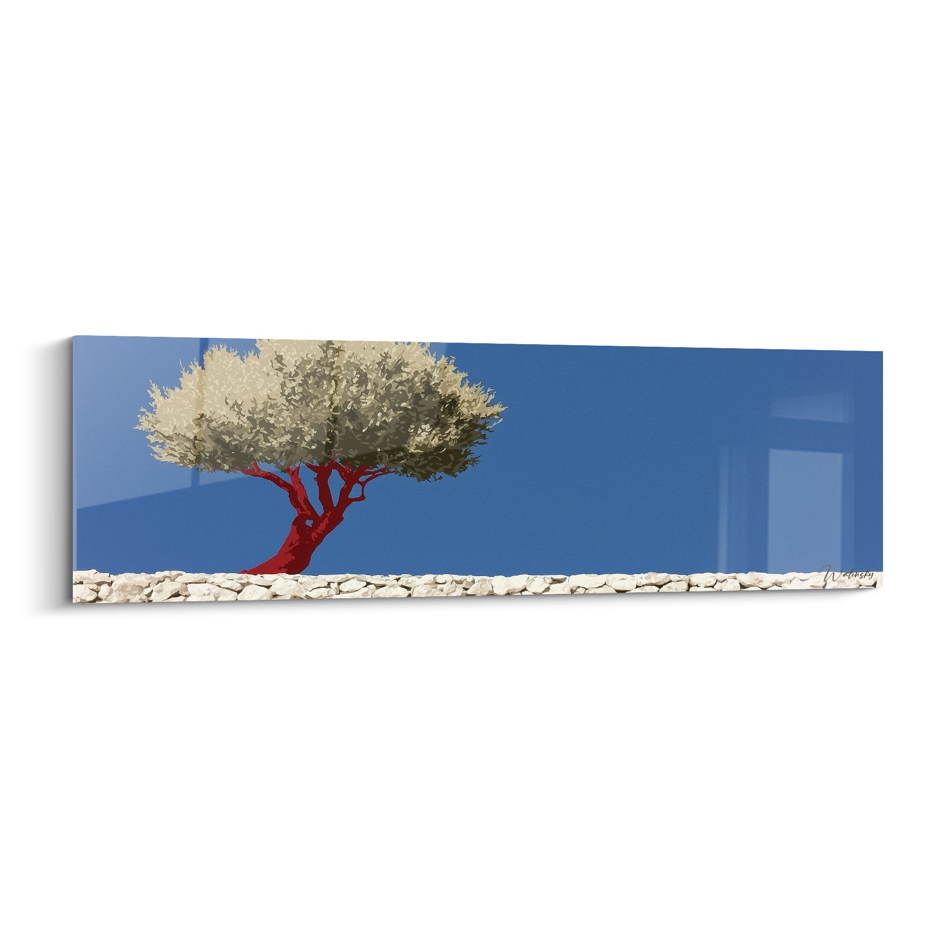 Olivier au tronc rouge et feuillage crème sur ciel bleu marine, muret de pierres blanches