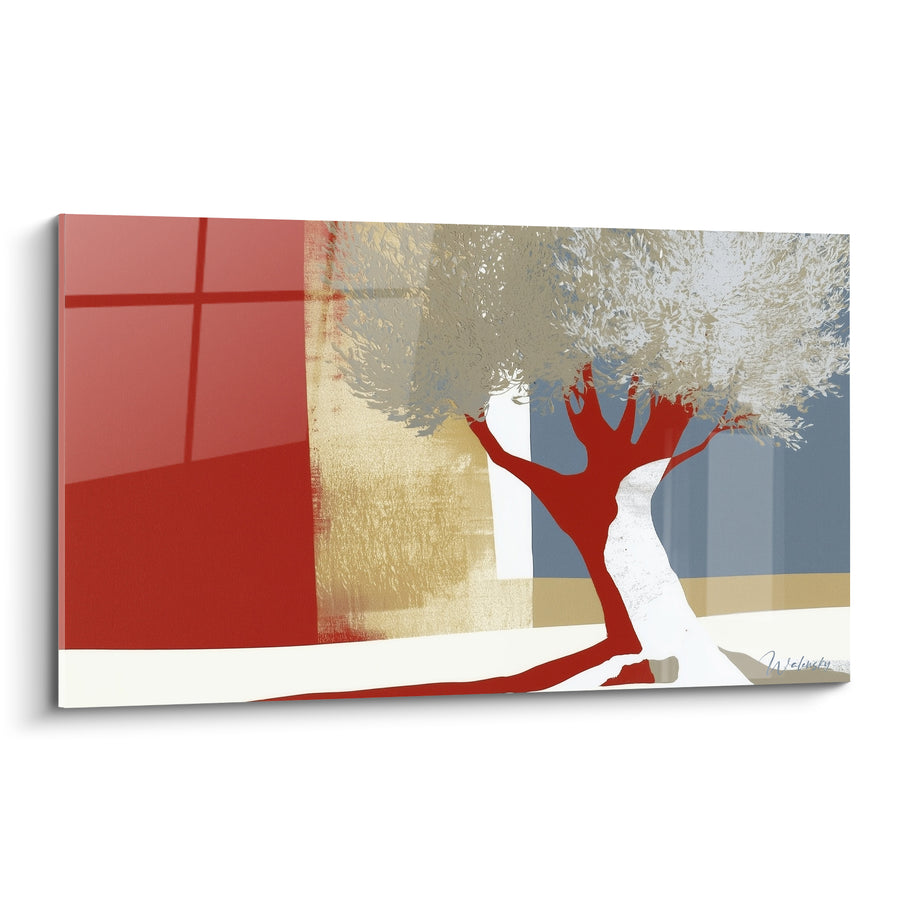 Tableau Olivier au tronc rouge sur fond bleu - Racines graphiques - Edition Olivier