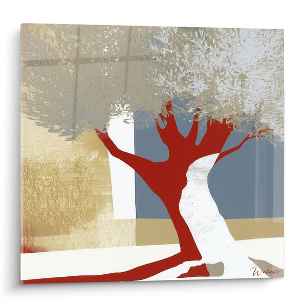 Tableau Olivier stylisé rouge et doré au feuillage argenté - Éclat solitaire - Edition Olivier