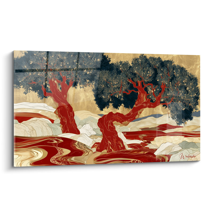 Tableau Olivier au tronc rouge et fond doré - Terre sacrée - Edition Olivier