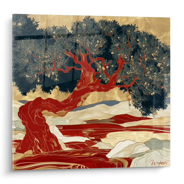 Tableau Olivier au tronc rouge sur fond doré - Racines ardentes - Edition Olivier