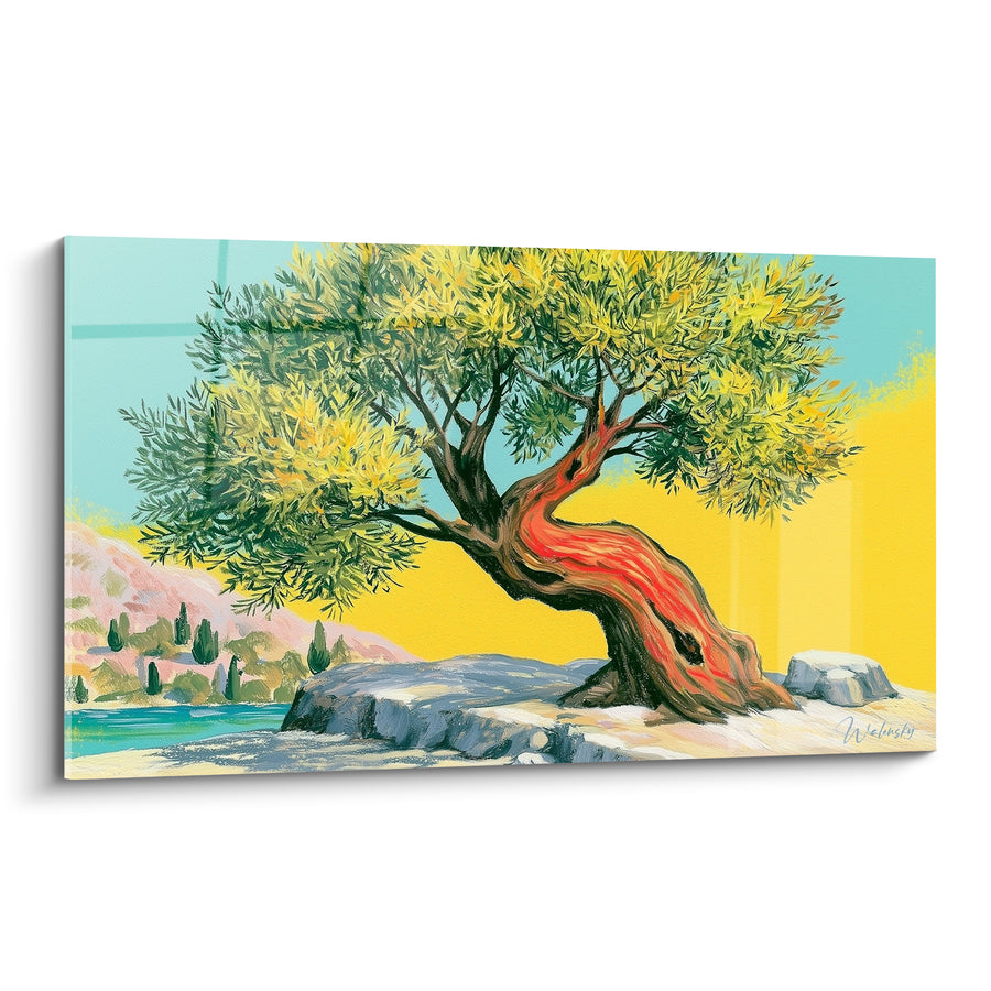 Tableau Olivier au tronc rouge et jaune vif sur rochers - Cyprès et lagon lointain - Edition Olivier