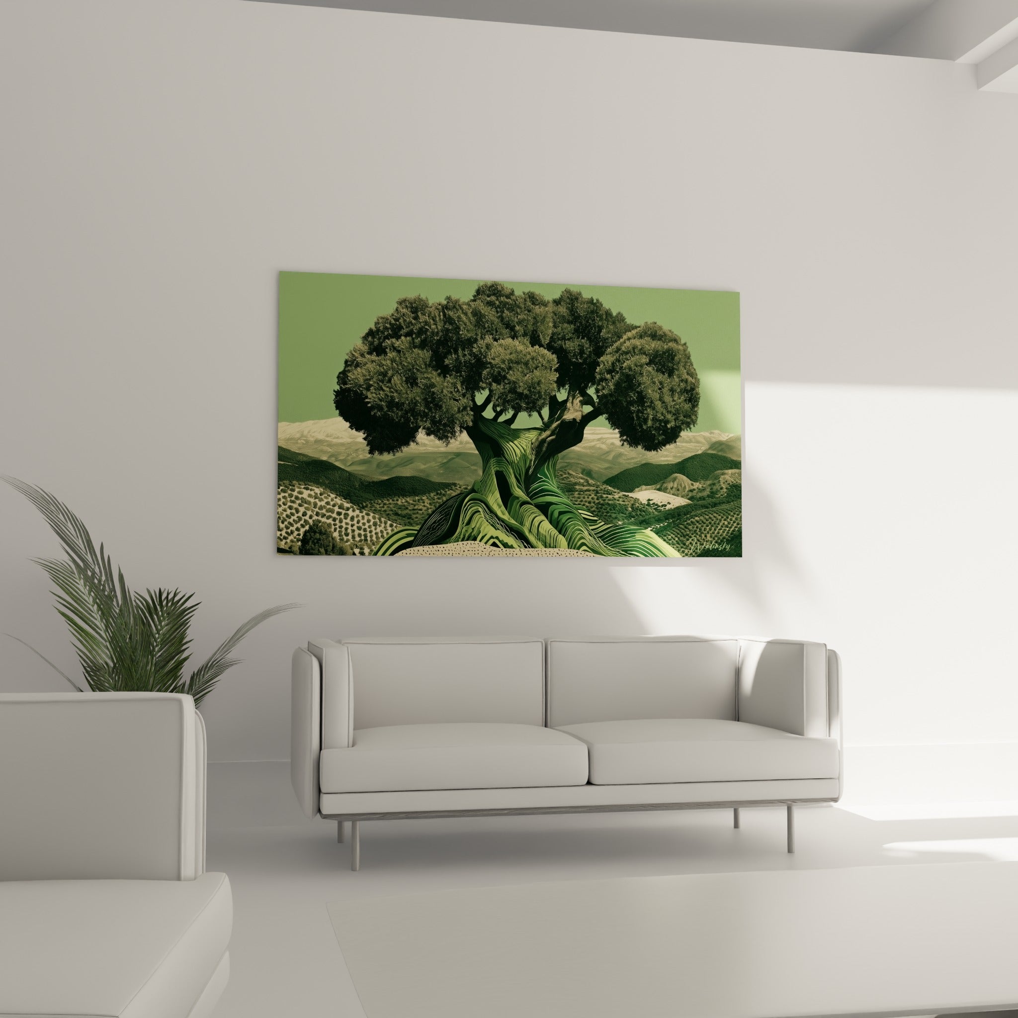Feuillage dense vert olive et tronc sculpté beige d'un olivier au-dessus d'un canapé dans un salon lumineux