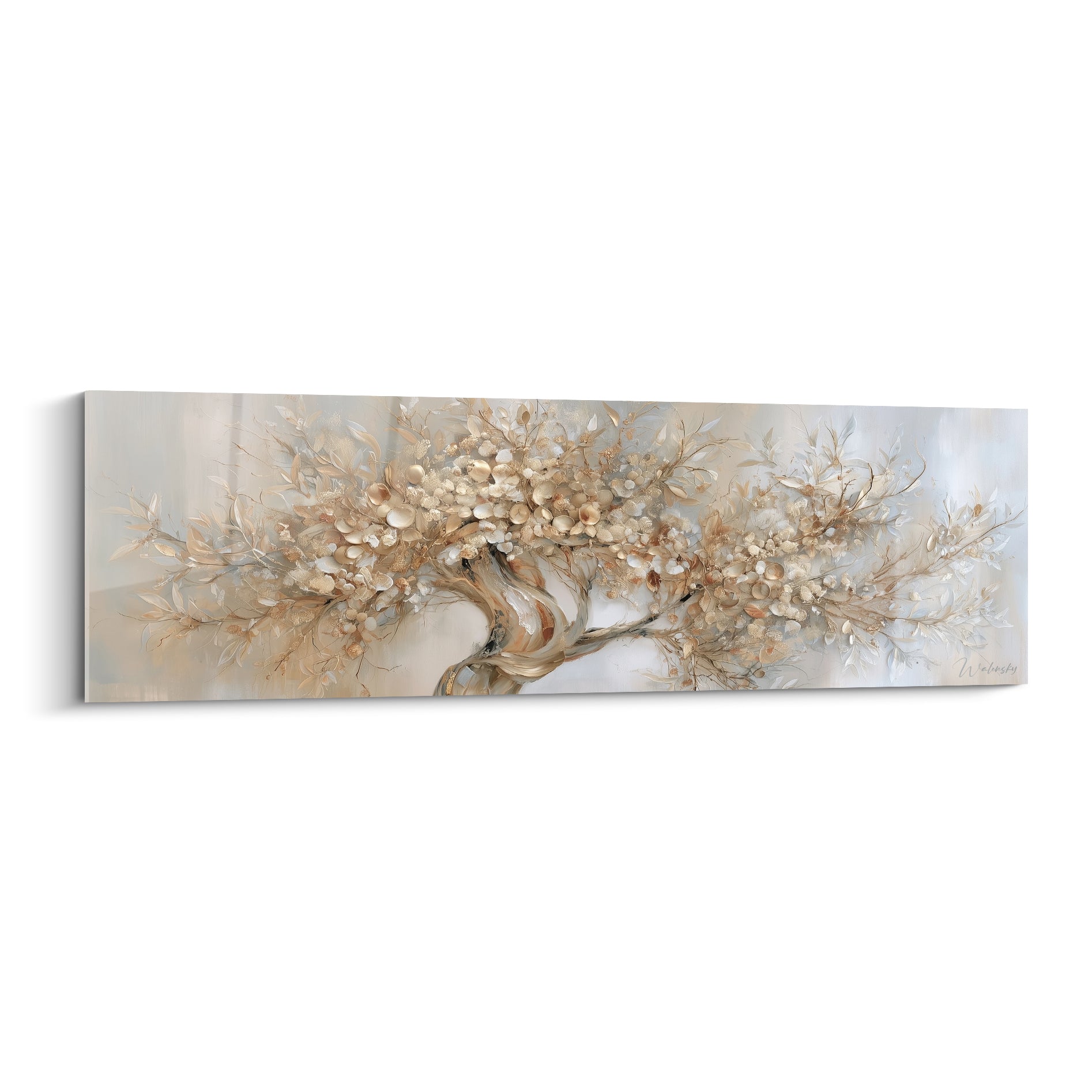 Olivier au tronc beige sculpté et fleurs ivoire sur fond gris perle nacré