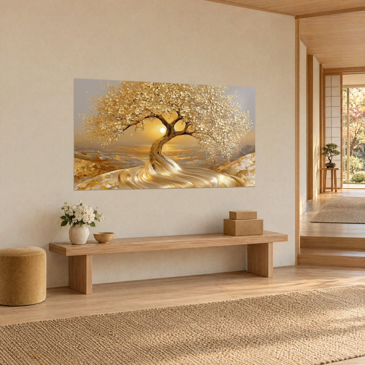 Quadro ulivo con fogliame dorato in rilievo, cielo grigio perla e tronco bruno contorto, appeso alla parete di un ingresso japandi