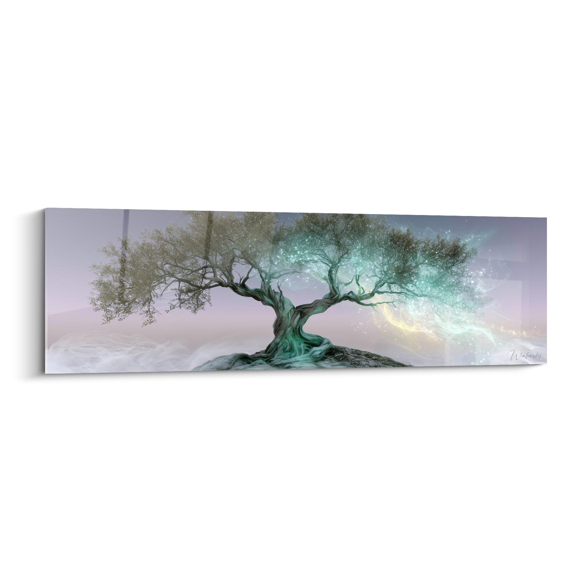 Olivier au tronc sculpté, feuillage vert olive et turquoise scintillant, fond mauve brumeux