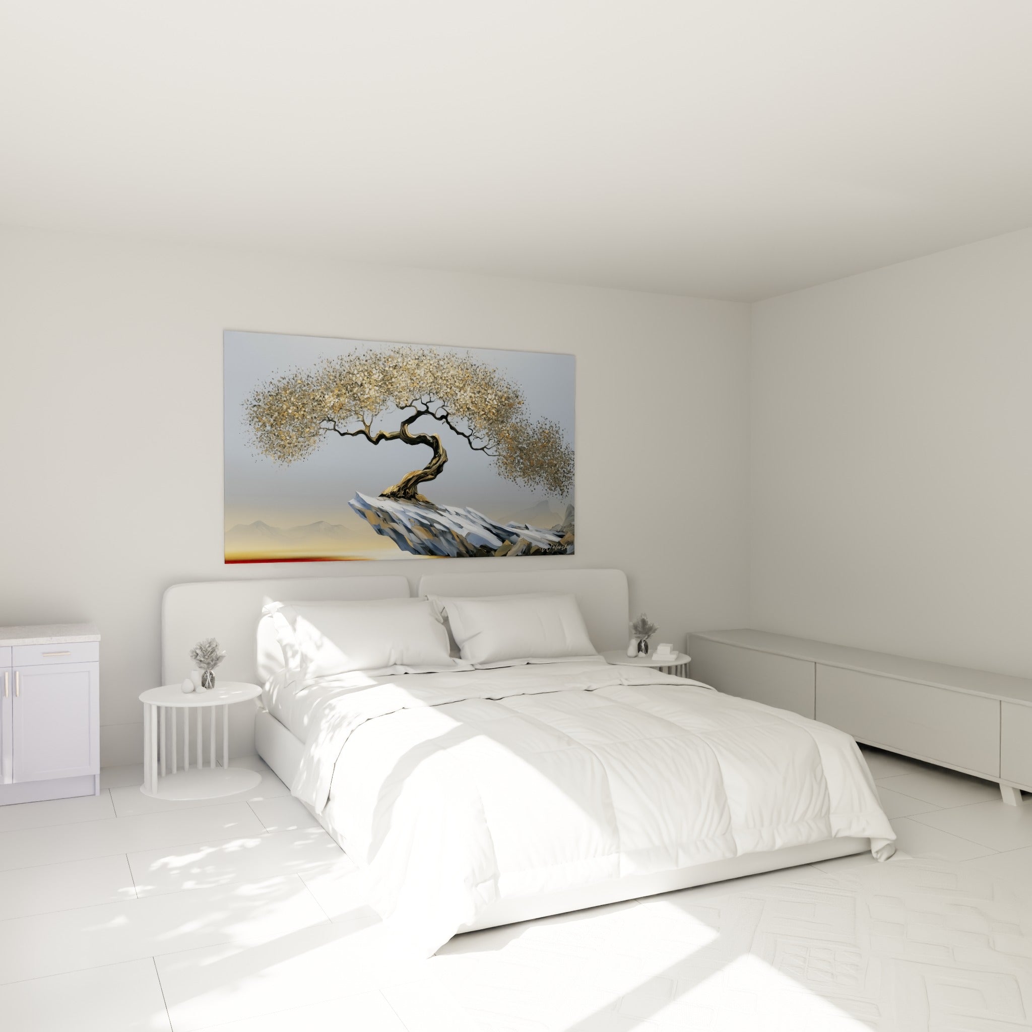Arbre doré et tronc noueux d'Olivier au-dessus d'un lit dans une chambre claire