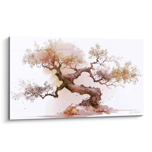 Tableau Bonsaï brun et beige sur socle rocheux - Feuilles éparses en suspension - Edition Olivier