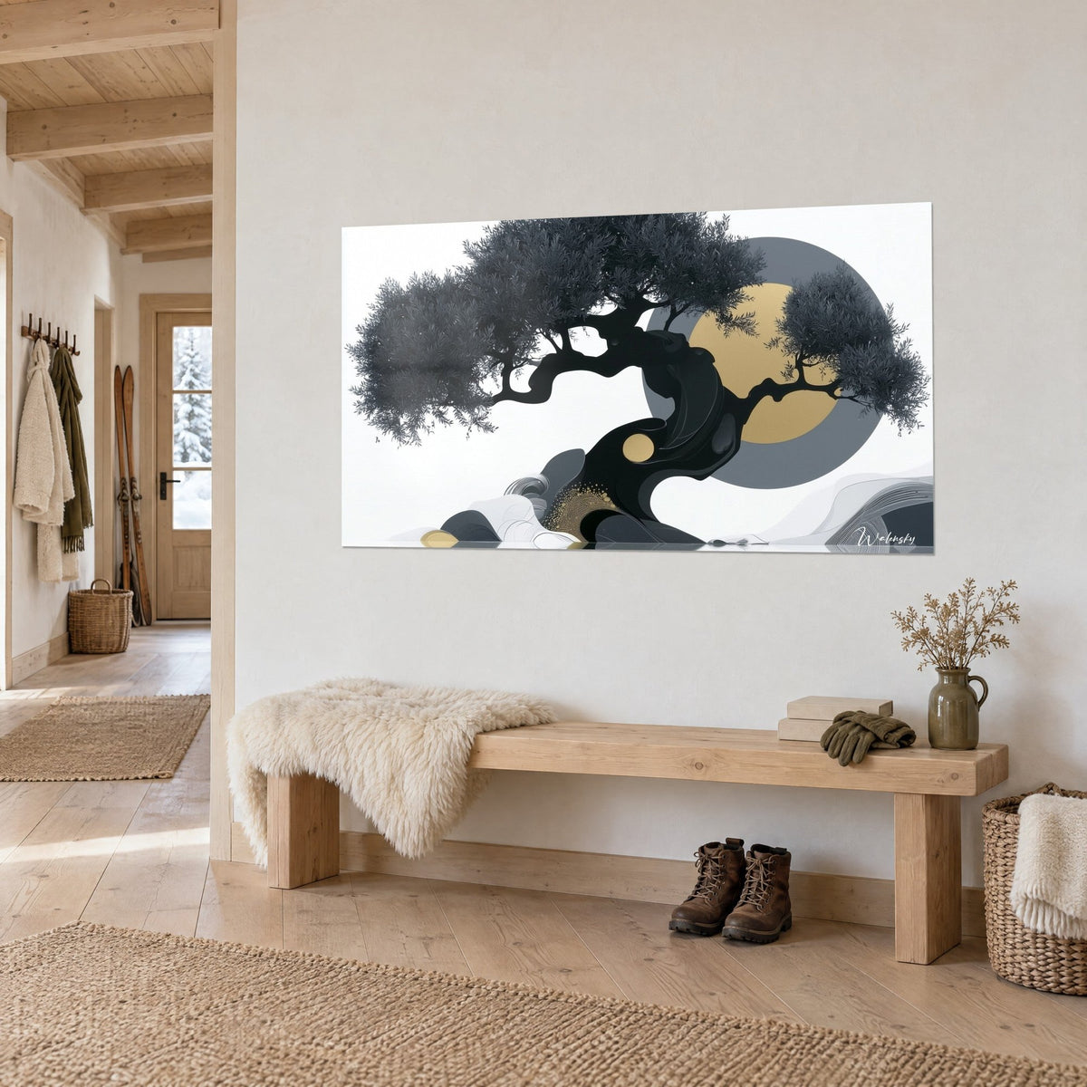 Wall art Ink bonsai with anthracite foliage, golden and grey disc, cream wall beside a wooden bench, chalet
