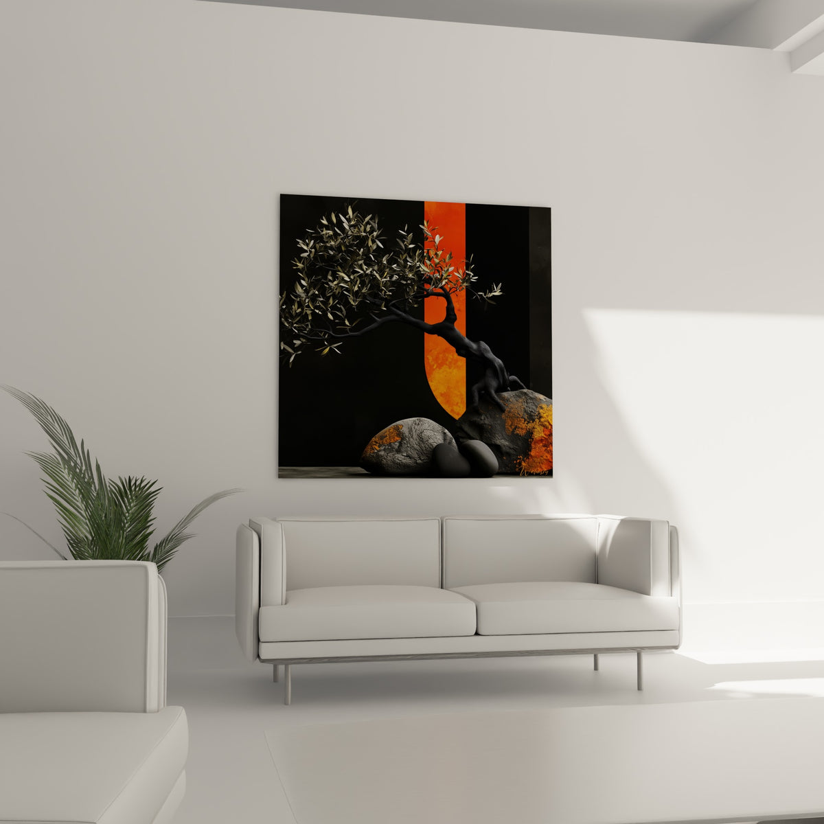 Tronc sombre d'un olivier zen entre pierres fauve et bande orange, au-dessus d'un canapé dans un salon lumineux