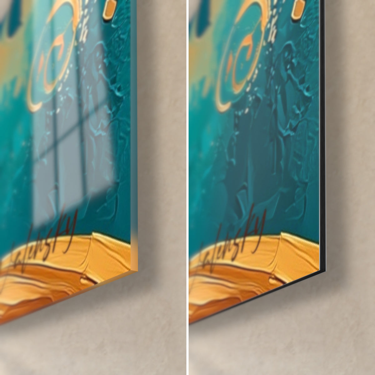Tableau olivier flamboyant, coin bas droit turquoise et ocre, verre acrylique brillant à gauche, alu Dibond mat à droite
