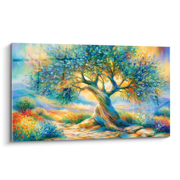 Tableau Olivier tronc torsadé fleurs multicolores - Jardin ensoleillé - Edition Olivier