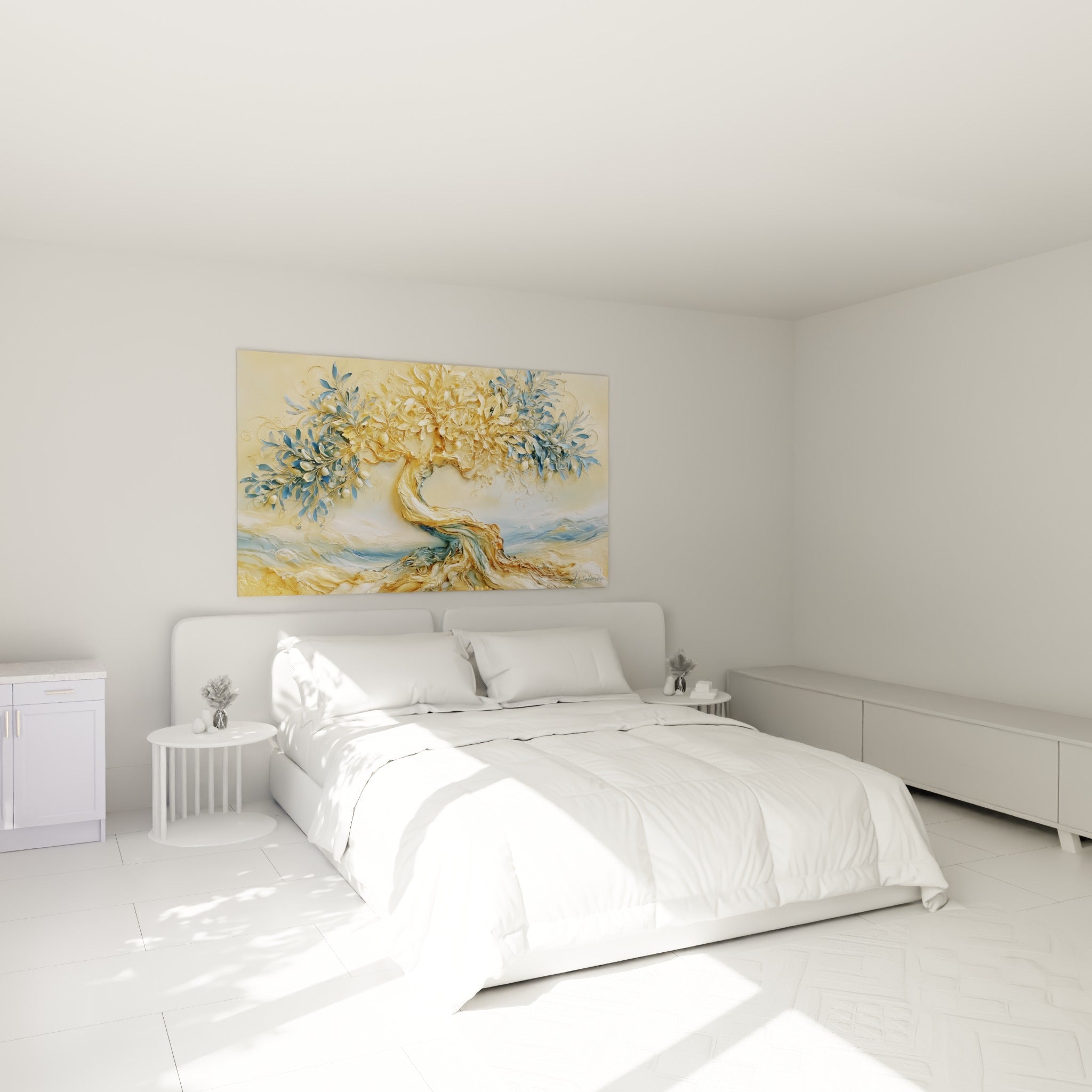 Racines torsadées et branches dorées de l'Olivier, accrochées au-dessus d'un lit dans une chambre claire.