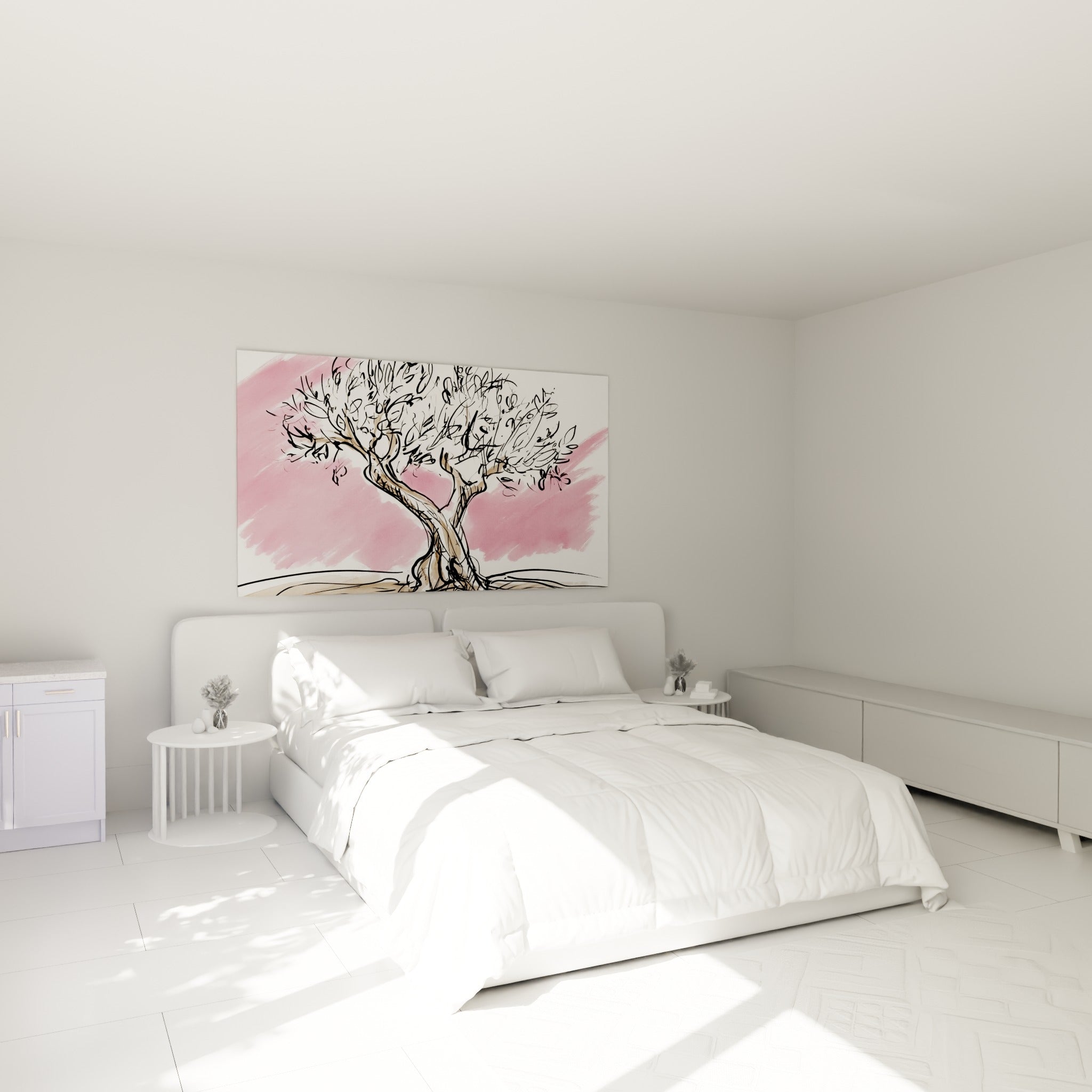 Arbre méditerranéen esquissé en noir et rose poudré, accroché au-dessus d'un lit dans une chambre claire