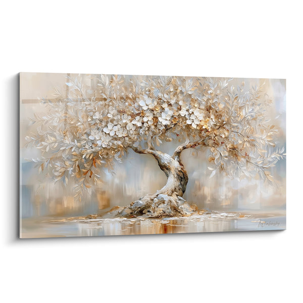Tableau Olivier fleuri blanc et doré sur îlot rocheux - Floraison immaculée - Edition Olivier