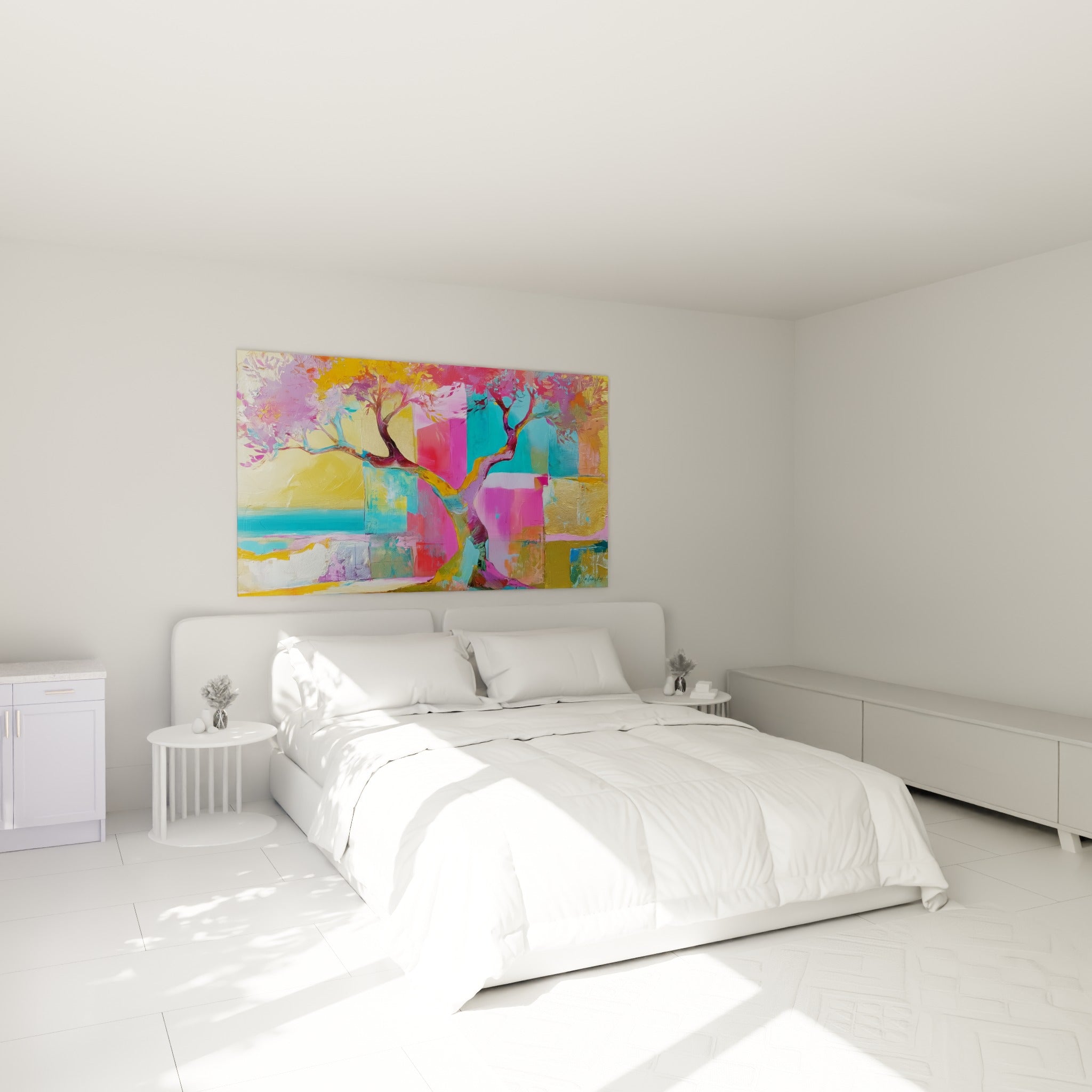 Arbre stylisé aux teintes roses et turquoise, tableau olivier au-dessus d'un lit dans une chambre claire