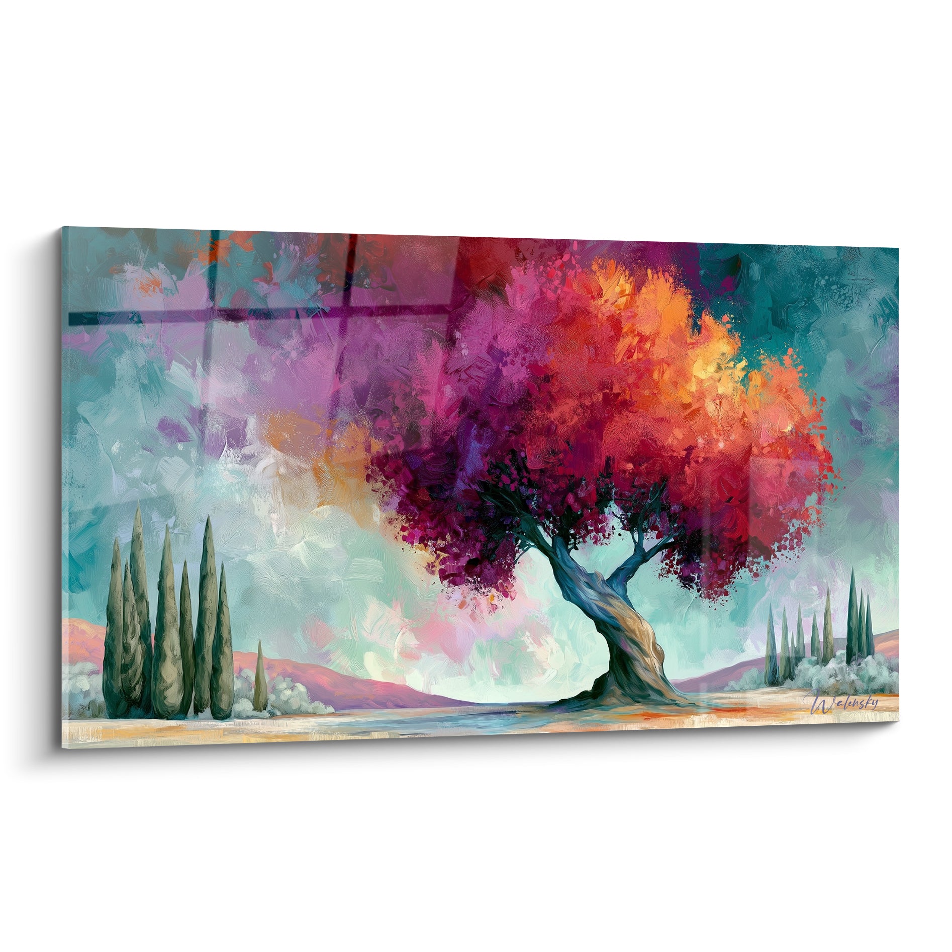 Olivier au tronc torsadé et feuillage rose orangé sur fond turquoise, style peinture à l'huile