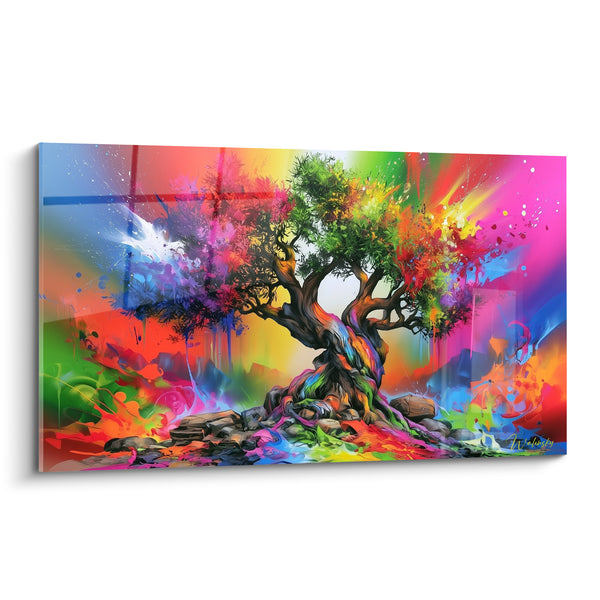 Tableau Olivier tronc torsadé fond multicolore éclatant - Explosion vitale - Edition Olivier