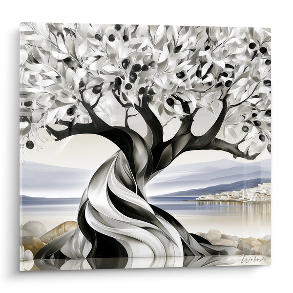 Tableau Olivier noir et blanc au tronc torsadé - Rivage méditerranéen - Edition Olivier