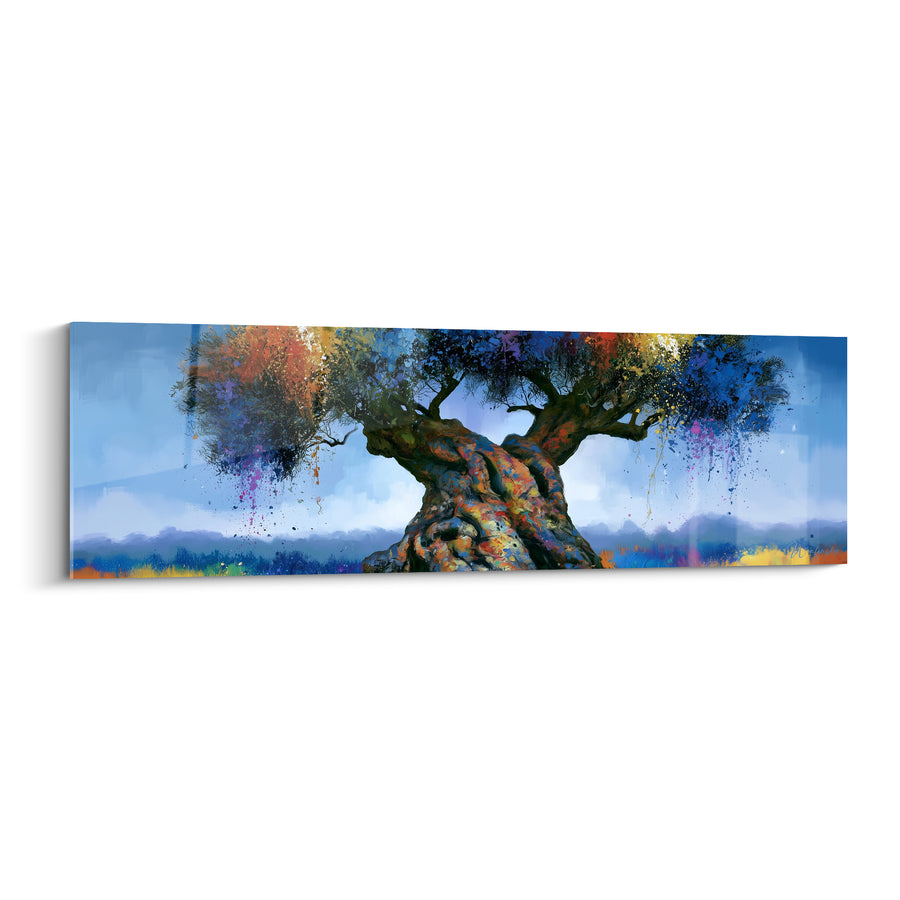 Tableau Olivier au tronc bleu et orange éclaboussé de couleurs - Éclats multicolores - Edition Olivier