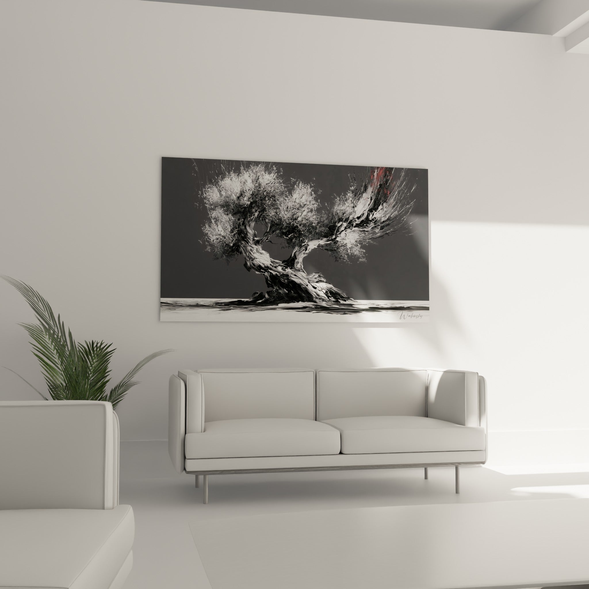 Tronc d'olivier sculptural en noir et blanc au-dessus d'un canapé dans un salon lumineux