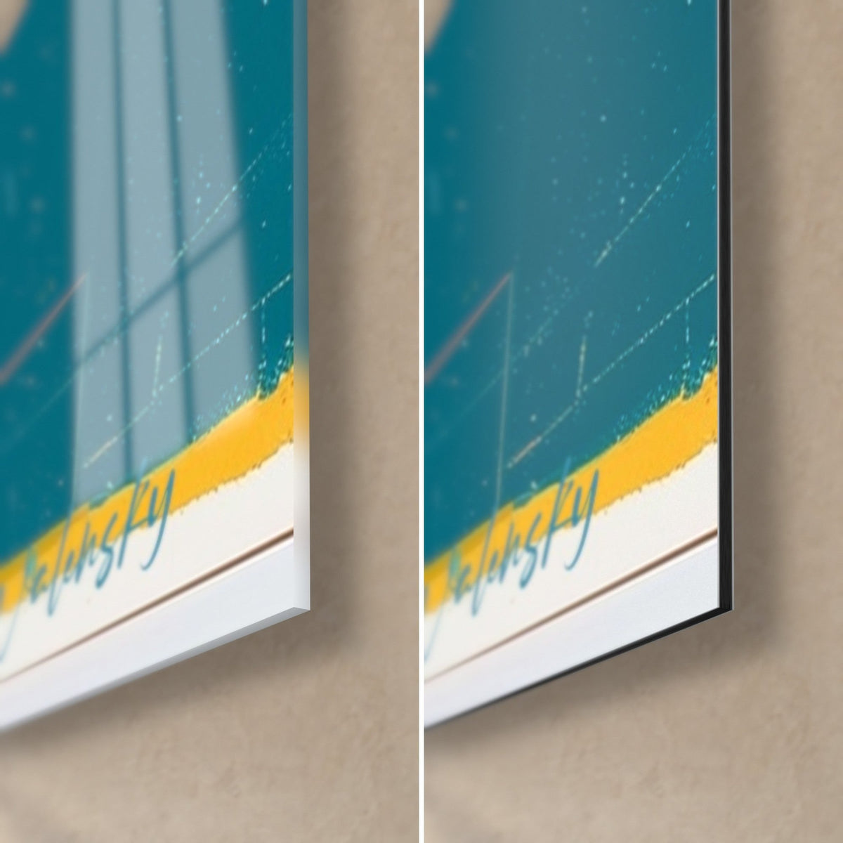 Cuadro de olivo geométrico, esquina inferior derecha: cristal acrílico brillante con reflejos a la izquierda, aluminio Dibond mate a la derecha, azul petróleo y amarillo