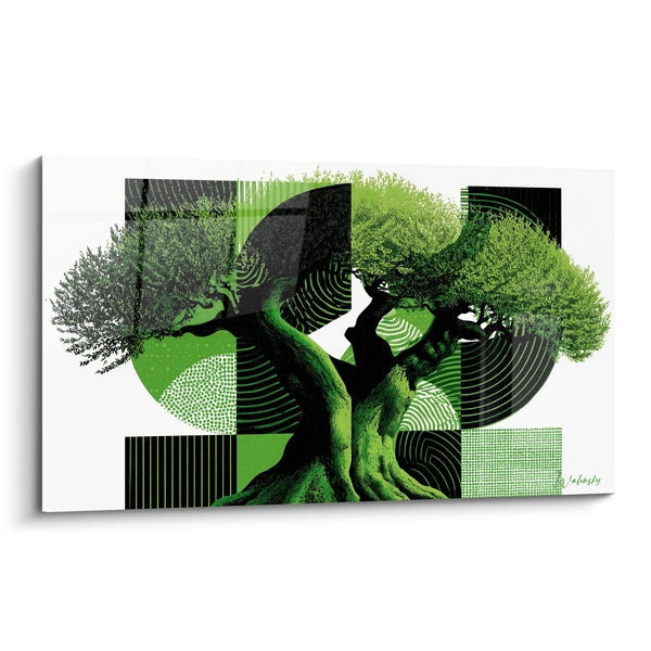 Tableau Olivier tronc vert et motifs graphiques noirs - Racines et modernité - Edition Olivier