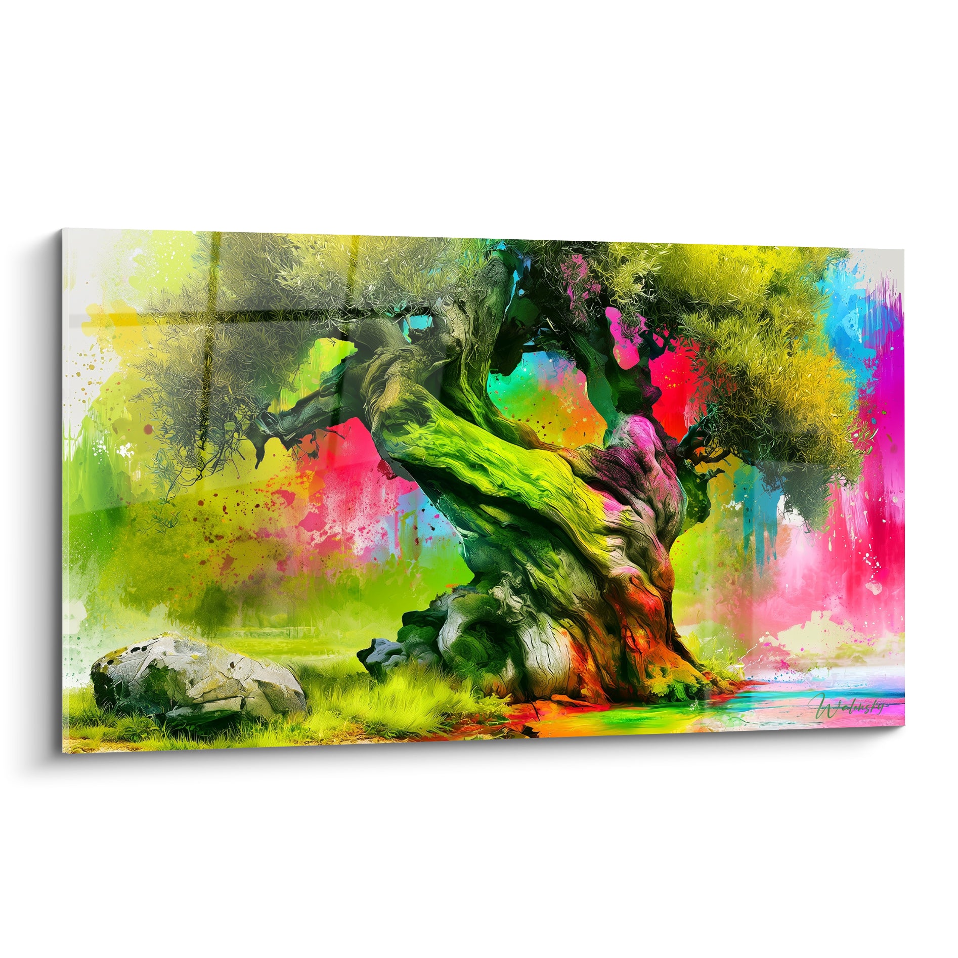 Olivier centenaire au tronc vert fluo, éclaboussures roses et turquoise en arrière-plan pictural