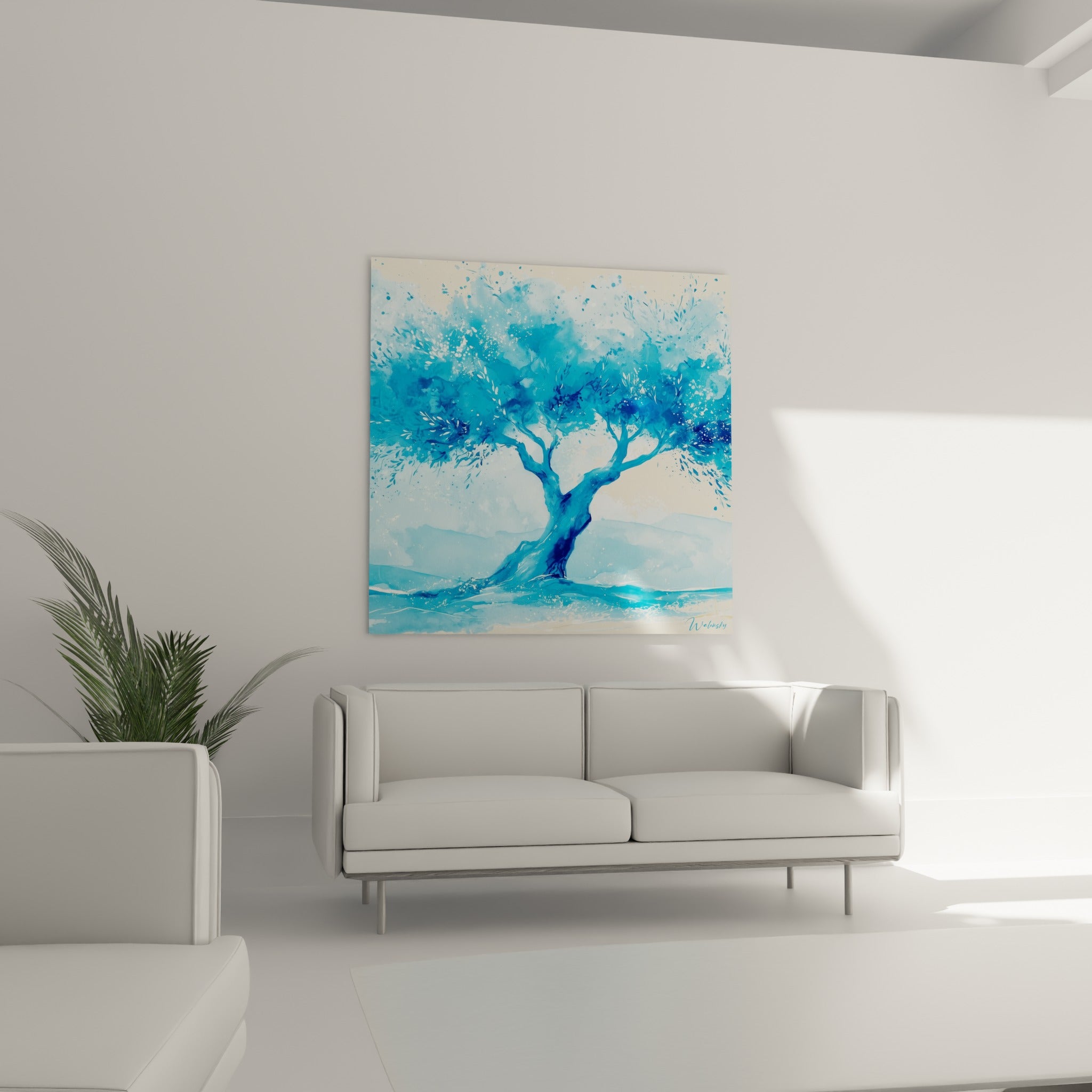 Branches givrées bleu turquoise et blanc au-dessus d'un canapé dans un salon lumineux