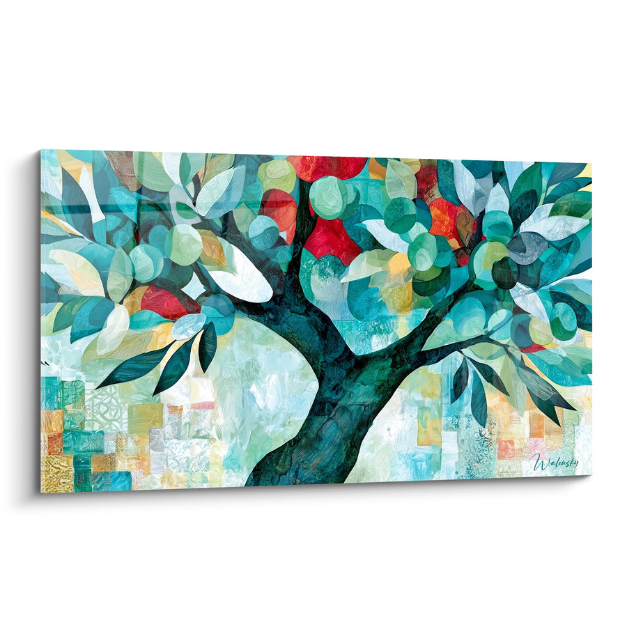 Tableau Olivier stylisé feuillage turquoise et fruits rouges - Jardin méditerranéen - Edition Olivier