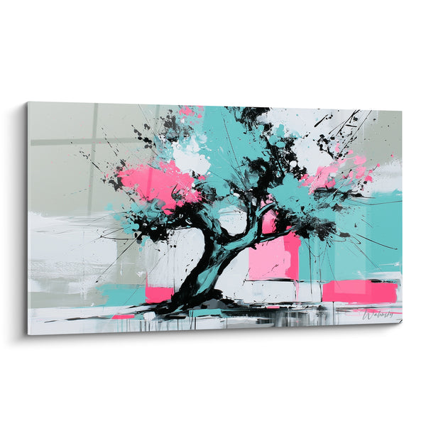 Tableau Olivier stylisé turquoise et rose éclaboussé - Éclaboussure printanière - Edition Olivier