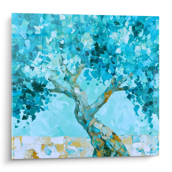 Olivier au tronc doré et feuillage bleu turquoise texturé à la spatule sur fond de ciel pâle